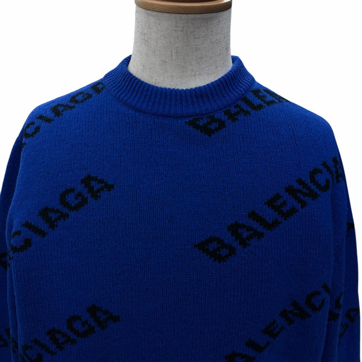 美品□BALENCIAGA バレンシアガ 555486 ウール オールオーバーロゴ クルーネック ニット セーター ブルー M イタリア製 正規品 メンズ