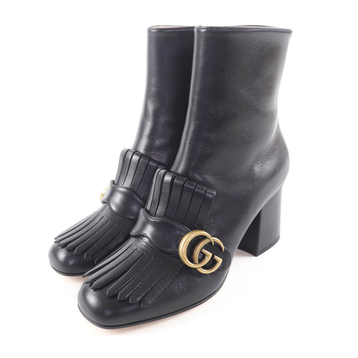 未使用品★GUCCI グッチ 408210 GGマーモント タッセル サイドジップ レザー ショートブーツ ブラック ゴールド金具 38 保存袋付き 伊製