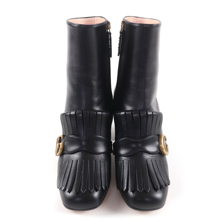 未使用品★GUCCI グッチ 408210 GGマーモント タッセル サイドジップ レザー ショートブーツ ブラック ゴールド金具 38 保存袋付き 伊製