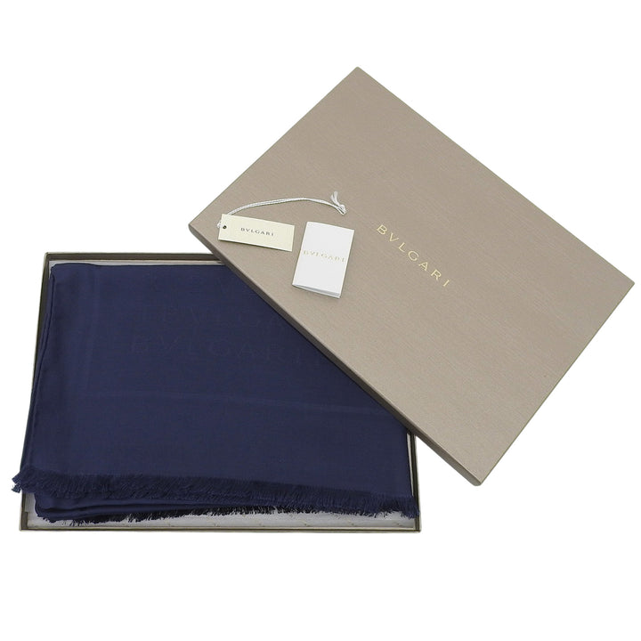 未使用品▲BVLGARI ブルガリ シルク ウール ロゴマニア LETTERE MAXI METAL ストール ネイビー 箱付き イタリア製 正規品 レディース