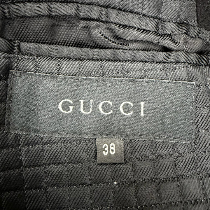 美品☆GUCCI グッチ 2000年製 ウール カシミヤ レザー使い 比翼仕立て ロング丈 コート ブラック 38 イタリア製 レディース