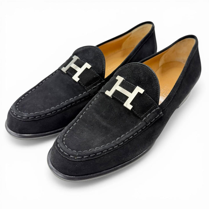 極美品◇HERMES エルメス ヴィンテージ コンスタンス シルバー金具 H金具 スウェードレザー ローファー 黒 40 イタリア製 レディース