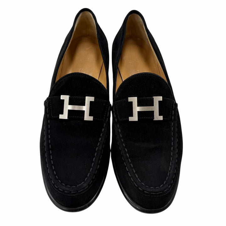 極美品◇HERMES エルメス ヴィンテージ コンスタンス シルバー金具 H金具 スウェードレザー ローファー 黒 40 イタリア製 レディース