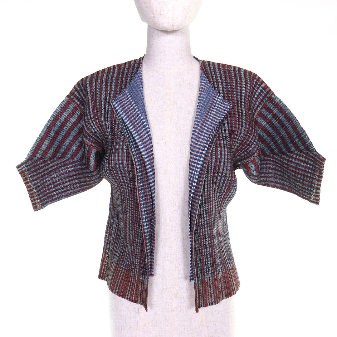 極美品△PLEATS PLEASE プリーツプリーズ イッセイミヤケ PP14-JO162 総柄 レイヤードデザイン ボタンレス 半袖 カーディガン 3 正規品