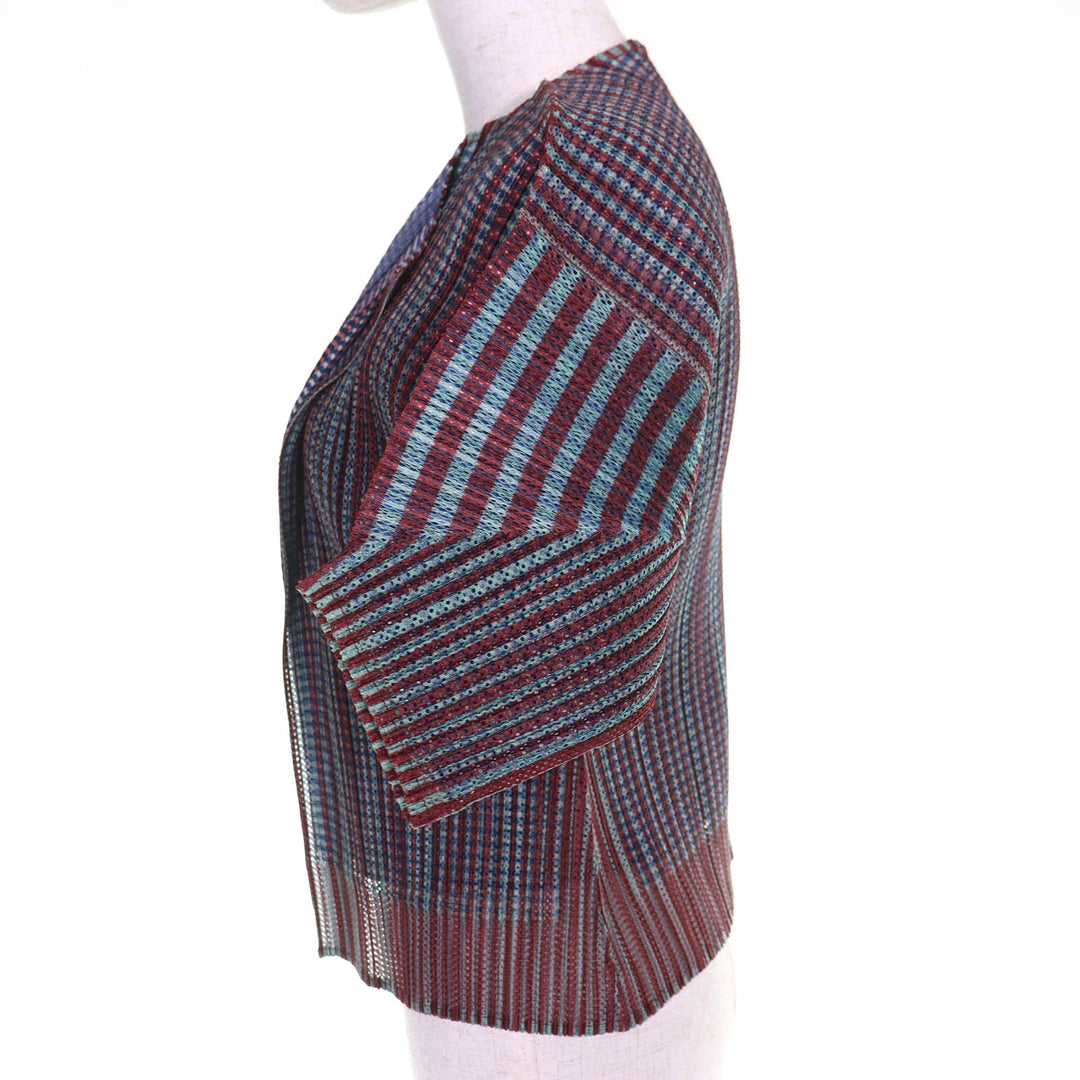 極美品△PLEATS PLEASE プリーツプリーズ イッセイミヤケ PP14-JO162 総柄 レイヤードデザイン ボタンレス 半袖 カーディガン 3 正規品