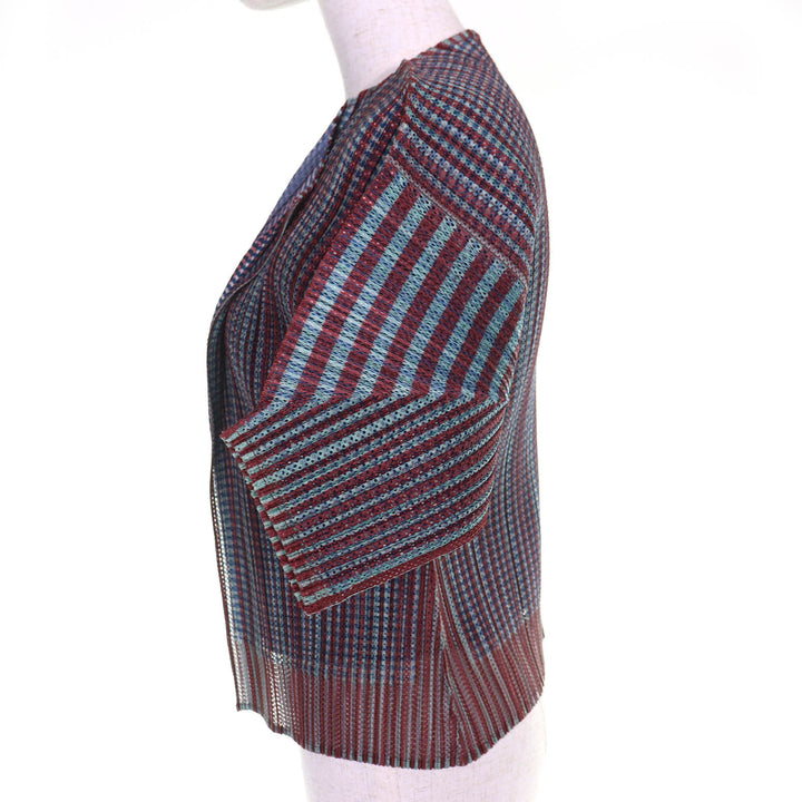 極美品△PLEATS PLEASE プリーツプリーズ イッセイミヤケ PP14-JO162 総柄 レイヤードデザイン ボタンレス 半袖 カーディガン 3 正規品