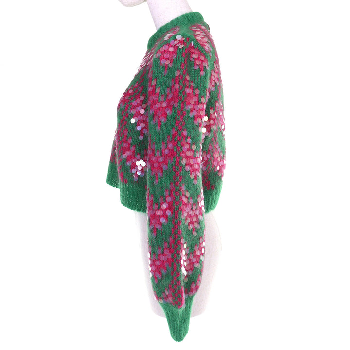 未使用品△GUCCI グッチ 2023年製 713233 スパンコール クロップド丈 モヘヤブレンド 長袖 ニット セーター グリーン ピンク XS 正規品