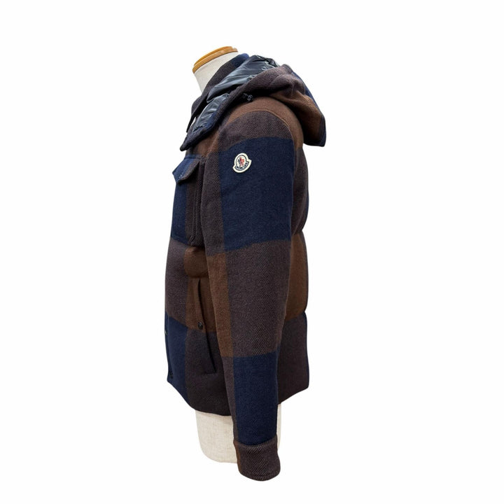 極美品▼MONCLER モンクレール 24AW LADURNS ウール100% チェック柄 フーデッド WZIPUP ダウンジャケット ブラウン ネイビー 0 正規品