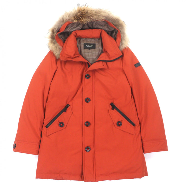 美品▼BURBERRY BLACK LABEL バーバリーブラックレーベル ファー付き フーデッド WZIPUP ダウンジャケット オレンジ L 正規品 メンズ