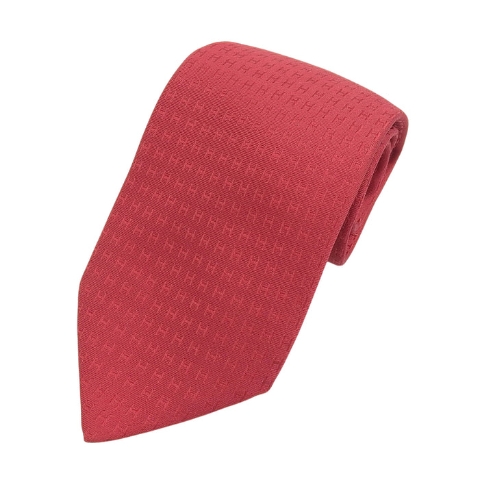 極美品▲HERMES エルメス ファソネ シルク100％ H総柄 シルクツイルタイ ネクタイ 8CM レッド フランス製 メンズ