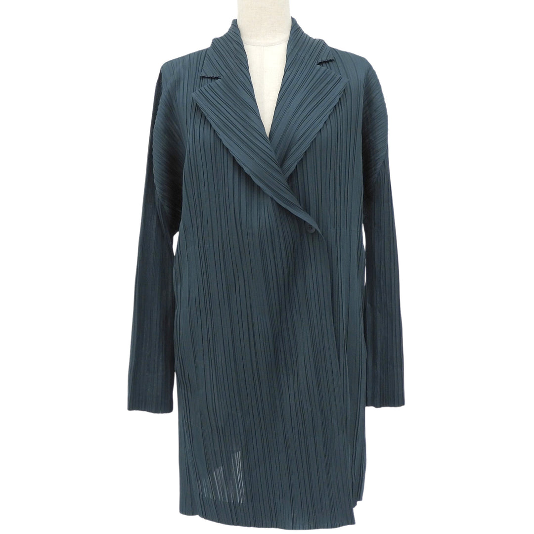 極美品▲PLEATS PLEASE プリーツプリーズ イッセイミヤケ PP93-JA572 ロング カーディガン グリーン 3 日本製 正規品 レディース