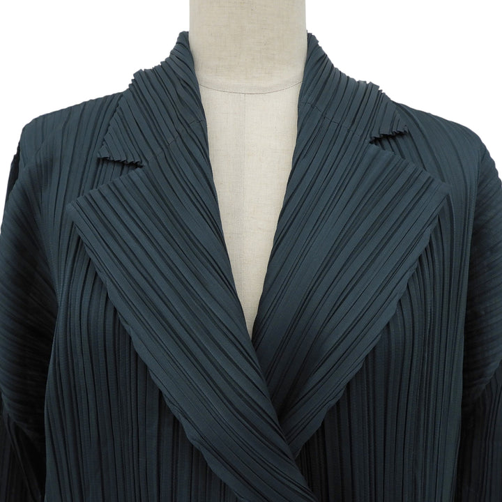 極美品▲PLEATS PLEASE プリーツプリーズ イッセイミヤケ PP93-JA572 ロング カーディガン グリーン 3 日本製 正規品 レディース