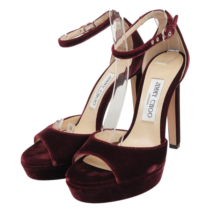 未使用品▲JIMMY CHOO ジミーチュウ PATTIE130 アンクルストラップ ベロア サンダル ボルドー 36 イタリア製 レディース 保存袋付き