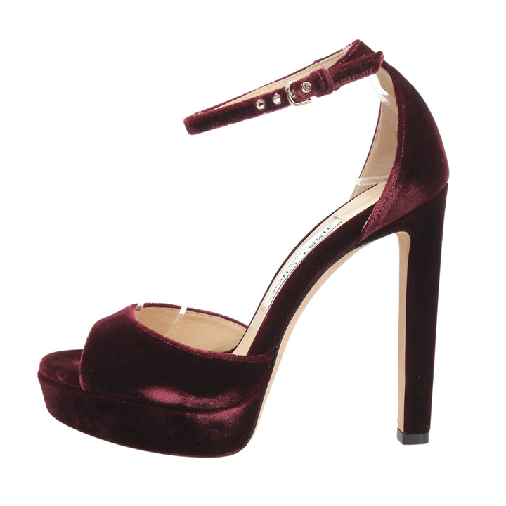 未使用品▲JIMMY CHOO ジミーチュウ PATTIE130 アンクルストラップ ベロア サンダル ボルドー 36 イタリア製 レディース 保存袋付き
