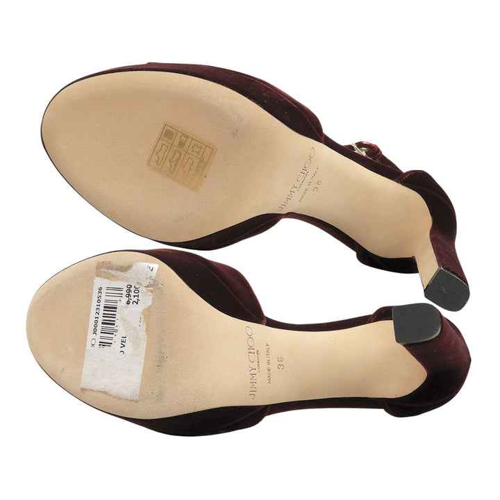 未使用品▲JIMMY CHOO ジミーチュウ PATTIE130 アンクルストラップ ベロア サンダル ボルドー 36 イタリア製 レディース 保存袋付き