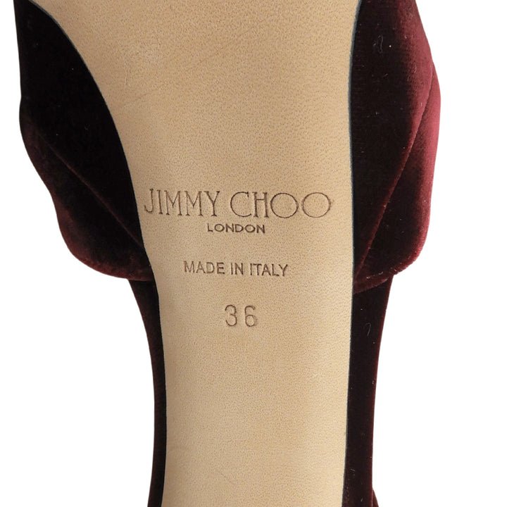 未使用品▲JIMMY CHOO ジミーチュウ PATTIE130 アンクルストラップ ベロア サンダル ボルドー 36 イタリア製 レディース 保存袋付き