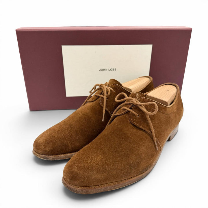 良品▼John Lobb ジョンロブ ドリフト スウェード レースアップ プレーントゥ レザーシューズ ブラウン 24cm相当 英国製 メンズ 箱付き