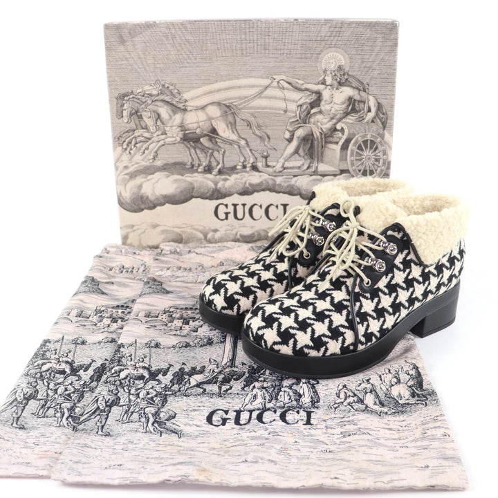未使用品☆GUCCI グッチ 591039 千鳥格子 ハウンドトゥース レザー使い ボア ショートブーツ ブラック ホワイト 37 伊製 レディース