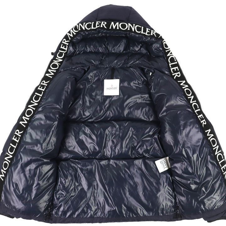 美品△MONCLER モンクレール MONTCLA モンクラ ロゴエンブロイダリー フーデッド WZIP ダウンジャケット ネイビー 1 国内正規品 メンズ