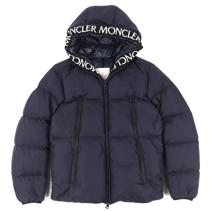 美品△MONCLER モンクレール MONTCLA モンクラ ロゴエンブロイダリー フーデッド WZIP ダウンジャケット ネイビー 1 国内正規品 メンズ
