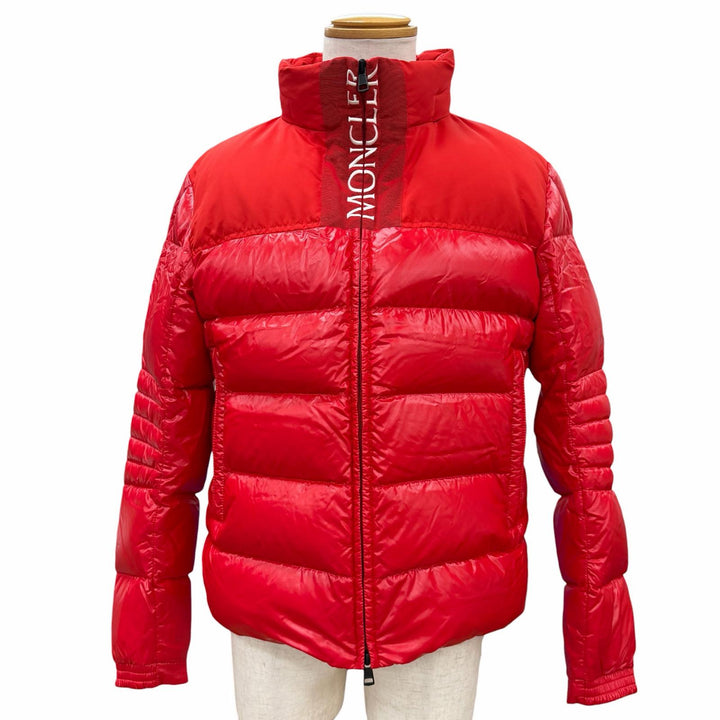 美品▼MONCLER モンクレール E20914182685 BRUEL ブリュエル ロゴ入りボタン フード入 WZIPUP ダウンジャケット レッド 3 正規品 メンズ