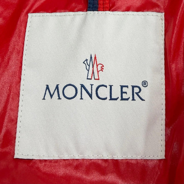 美品▼MONCLER モンクレール E20914182685 BRUEL ブリュエル ロゴ入りボタン フード入 WZIPUP ダウンジャケット レッド 3 正規品 メンズ