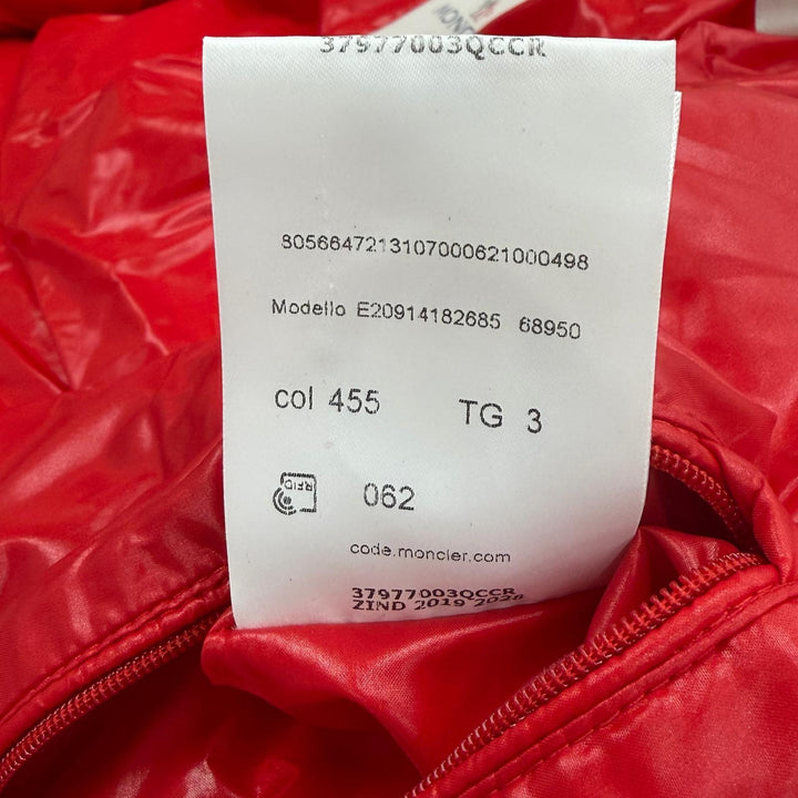 美品▼MONCLER モンクレール E20914182685 BRUEL ブリュエル ロゴ入りボタン フード入 WZIPUP ダウンジャケット レッド 3 正規品 メンズ