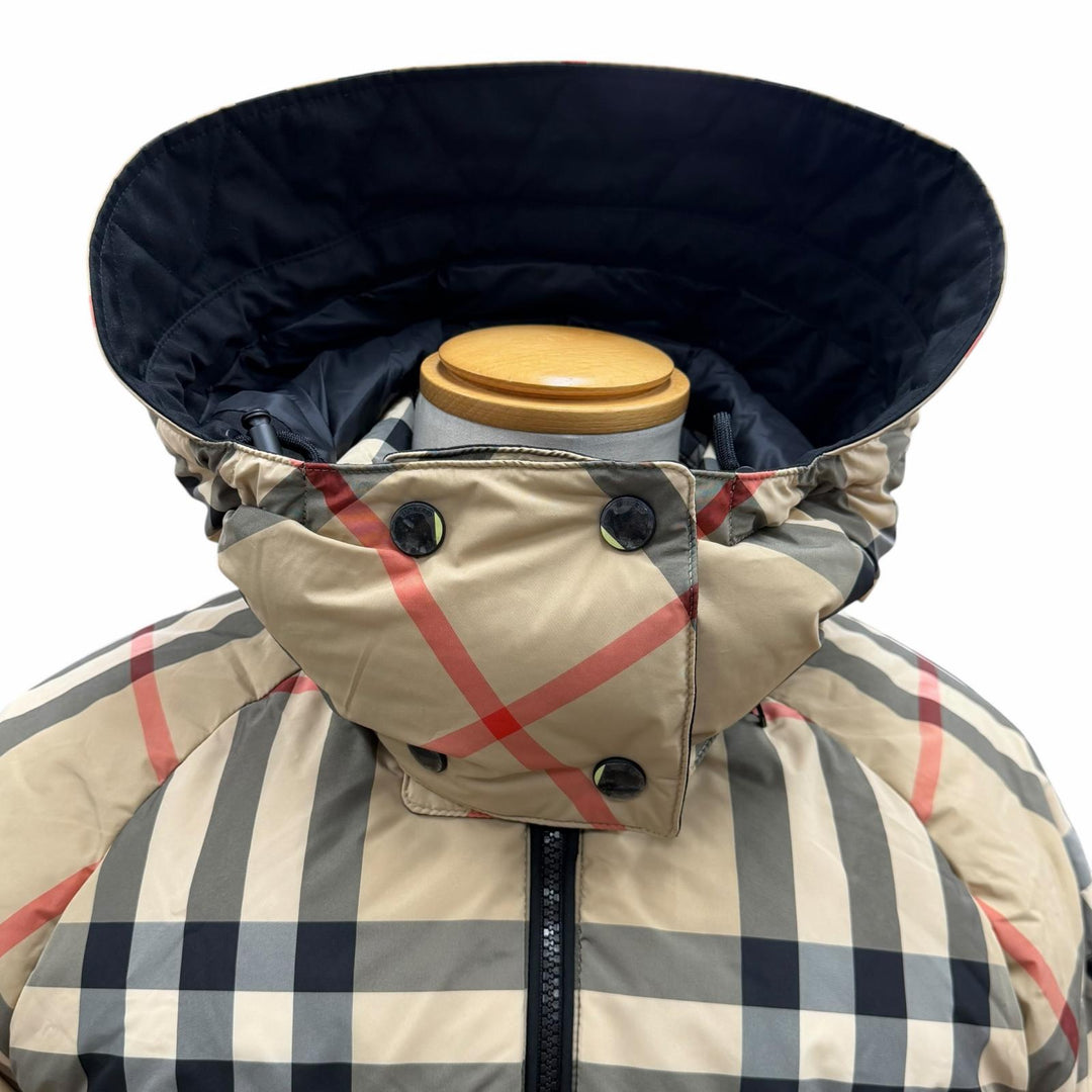 極美品▼BURBERRY バーバリー 8059094 ティッシ期 ノバチェック フーデッド WZIPUP ダウンジャケット ブラック ベージュ S 正規品 メンズ