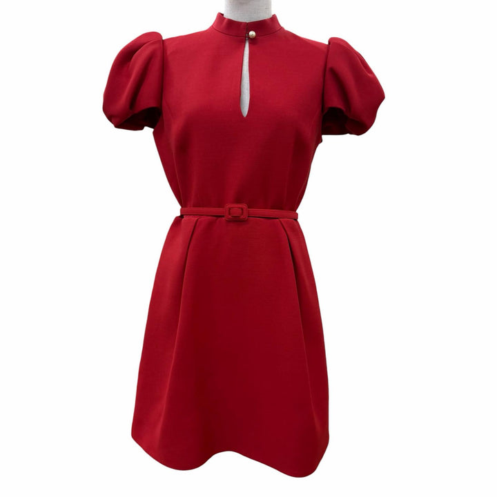 極美品☆Christian Dior クリスチャンディオール 25SS 511R59A1166 シルク混 CDロゴフェイクパール ベルト付ワンピース レッド 44 正規品