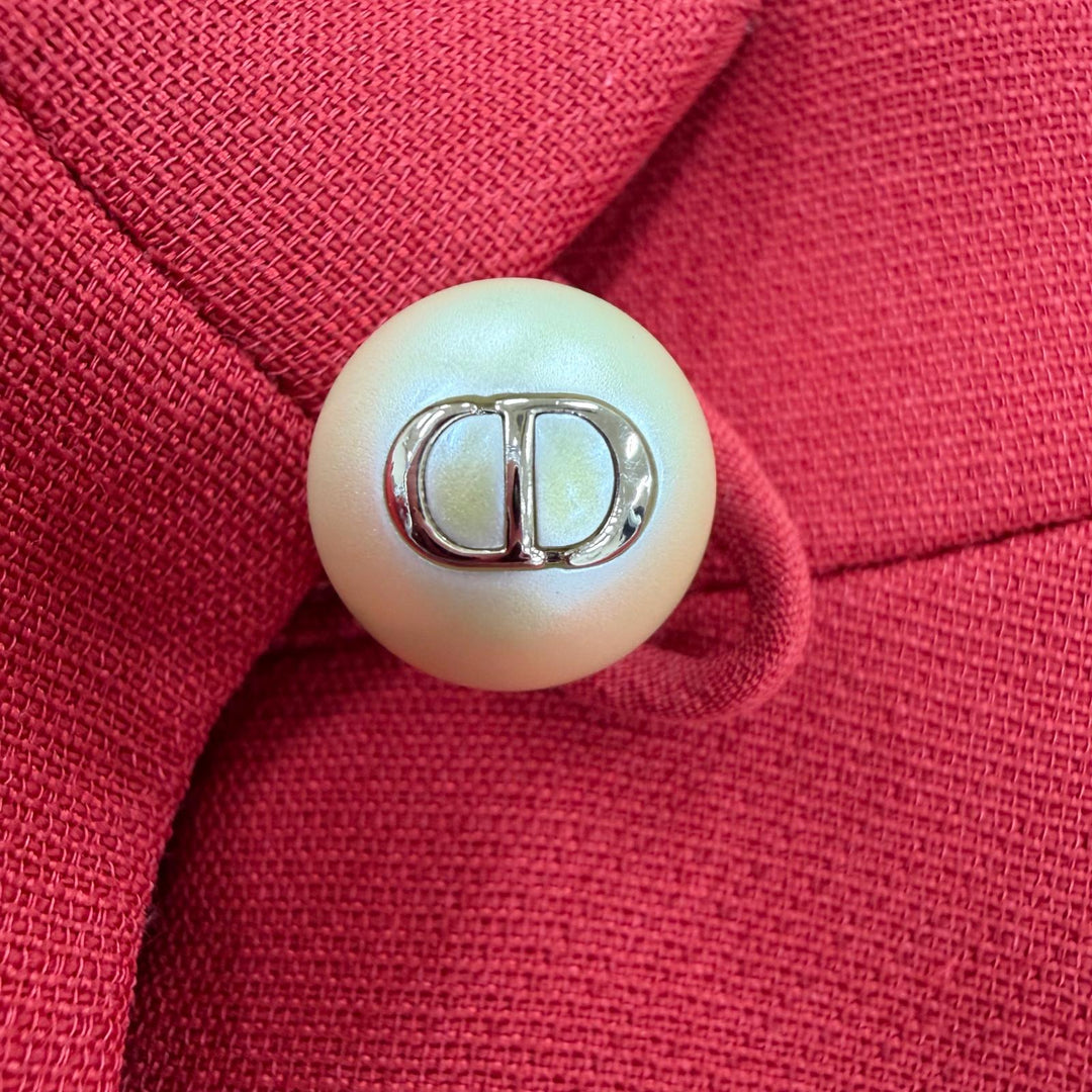 極美品☆Christian Dior クリスチャンディオール 25SS 511R59A1166 シルク混 CDロゴフェイクパール ベルト付ワンピース レッド 44 正規品