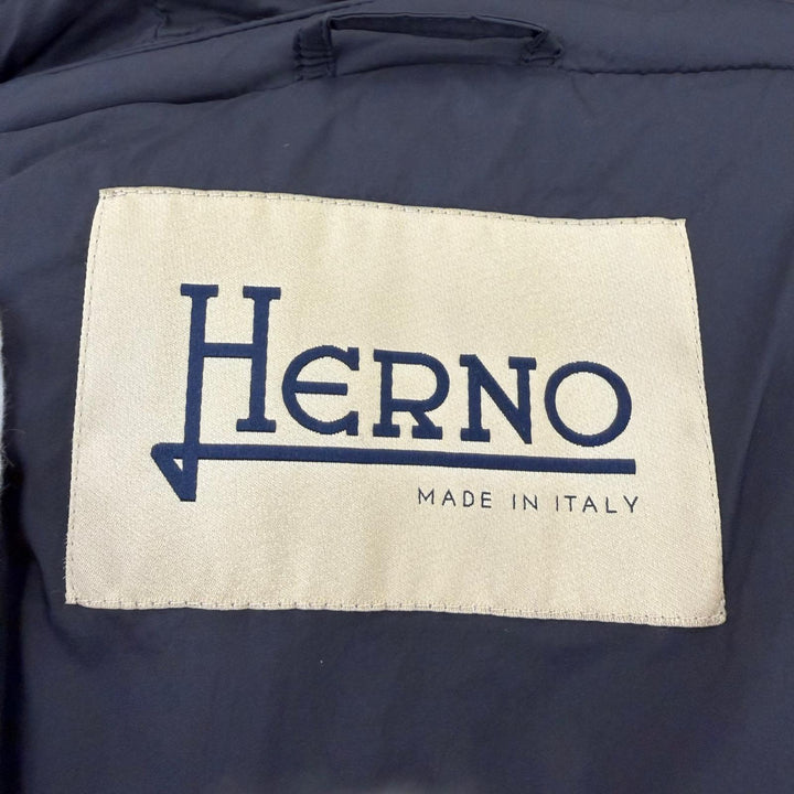 美品☆Herno ヘルノ 2020年製 PI0848D ウール切替デザイン フード付 ダウンコート ネイビー 40 イタリア製 正規品 レディース ハンガー付