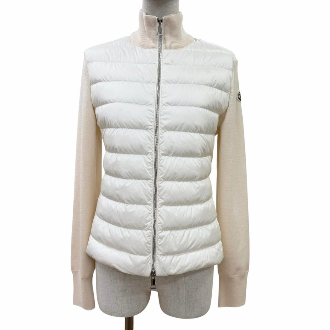 極美品☆MONCLER モンクレール 2023年製 ロゴワッペン ニット切替デザイン ダウンジャケット ホワイト XS 正規品 レディース
