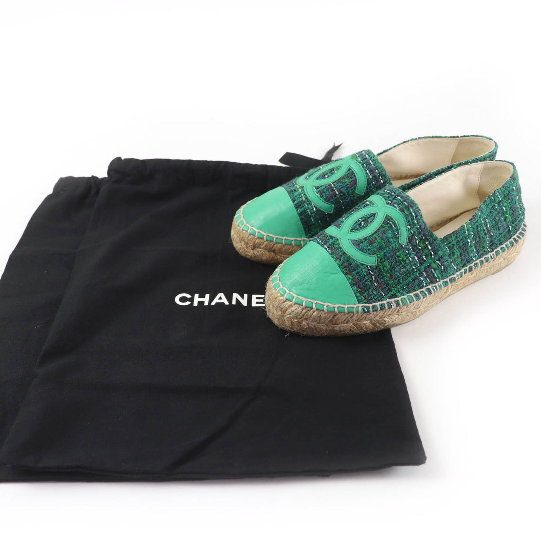 極美品☆CHANEL シャネル G29762 ココマーク ファブリック エスパドリーユ ツイード シューズ グリーン 35 イタリア製 レディース