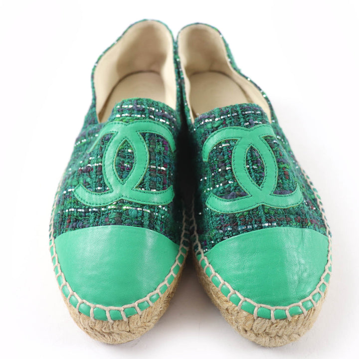 極美品☆CHANEL シャネル G29762 ココマーク ファブリック エスパドリーユ ツイード シューズ グリーン 35 イタリア製 レディース