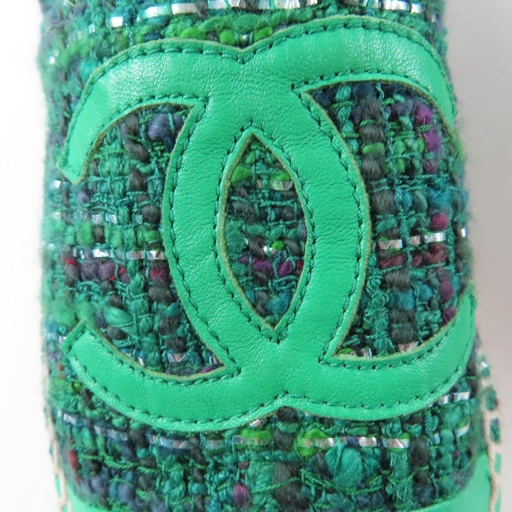 極美品☆CHANEL シャネル G29762 ココマーク ファブリック エスパドリーユ ツイード シューズ グリーン 35 イタリア製 レディース