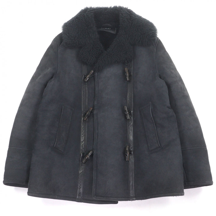 美品□GUCCI グッチ 327734 羊毛皮 牛革 トグルボタン ダブルブレスト ムートンジャケット レザージャケット 黒 50 イタリア製 正規品