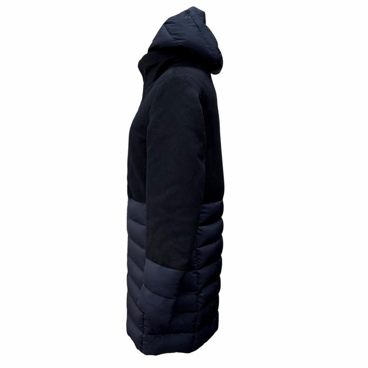 極美品★MOORER ムーレー ANGELE-LE バージンウール カシミヤ混 フード・ロゴZIP付 切替デザイン ダウンコート 紺 黒 36 ハンガー付