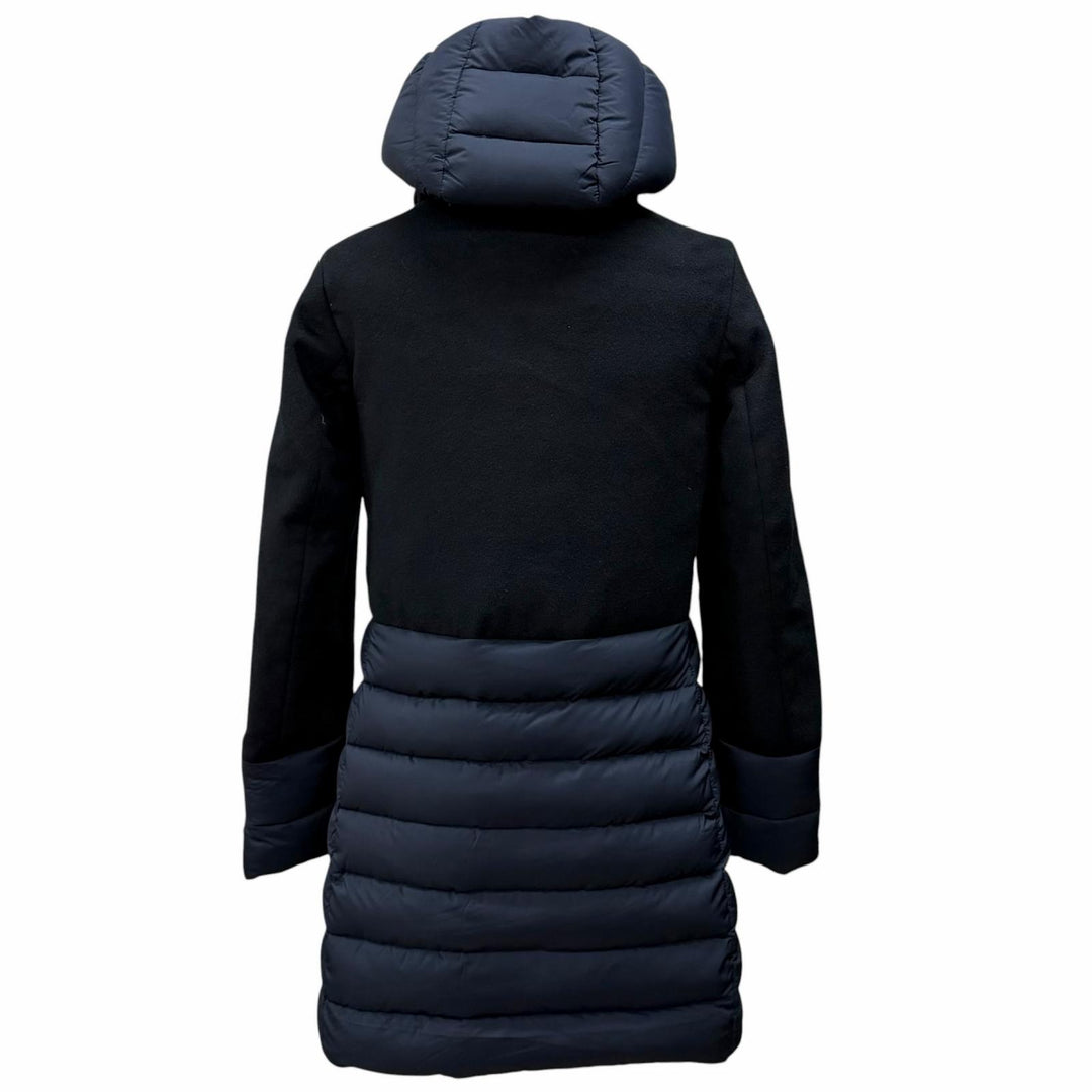 極美品★MOORER ムーレー ANGELE-LE バージンウール カシミヤ混 フード・ロゴZIP付 切替デザイン ダウンコート 紺 黒 36 ハンガー付