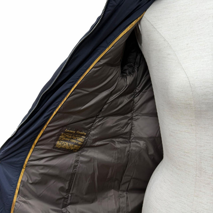 極美品★MOORER ムーレー ANGELE-LE バージンウール カシミヤ混 フード・ロゴZIP付 切替デザイン ダウンコート 紺 黒 36 ハンガー付