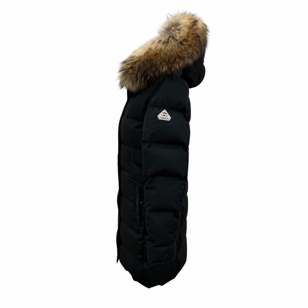 美品☆Pyrenex ピレネックス GRENOBLE FUR ラクーンファー・フード付 ロング丈 ダウンコート ブラック 36 チュニジア製 レディース