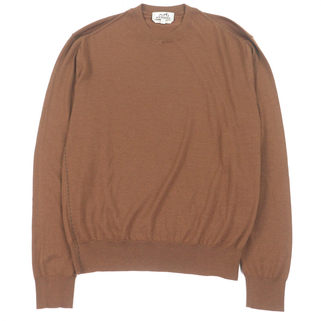 極美品□HERMES エルメス 23AW カシミヤ シルク サドルステッチ 薄手 ロングスリーブニット セーター ブラウン S 箱付 イタリア製 正規品