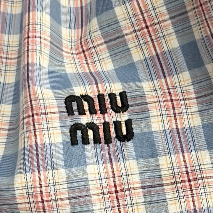 美品★MIUMIU ミュウミュウ 2022年製 MF4381 コットン100% ロゴ刺繍入り チェック柄 パフスリーブ シャツ ワンピース 38 正規品