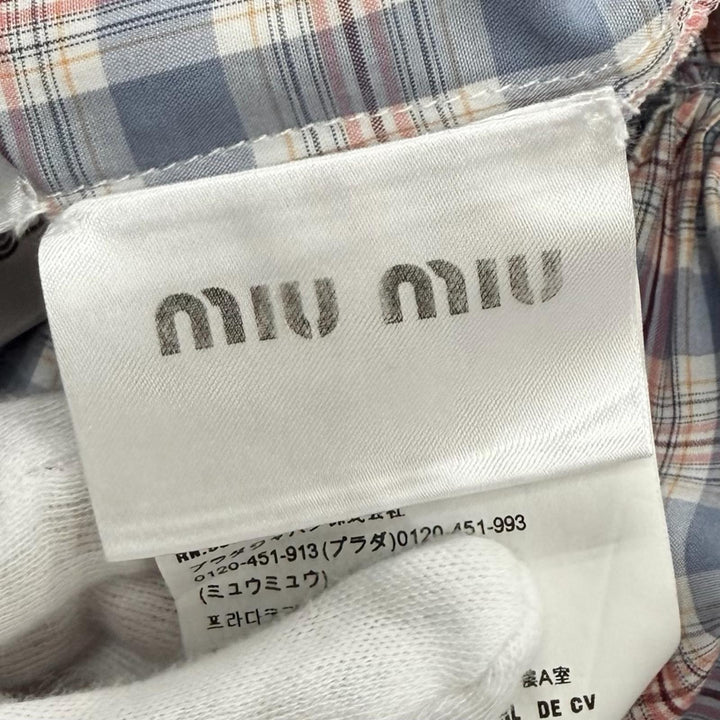 美品★MIUMIU ミュウミュウ 2022年製 MF4381 コットン100% ロゴ刺繍入り チェック柄 パフスリーブ シャツ ワンピース 38 正規品