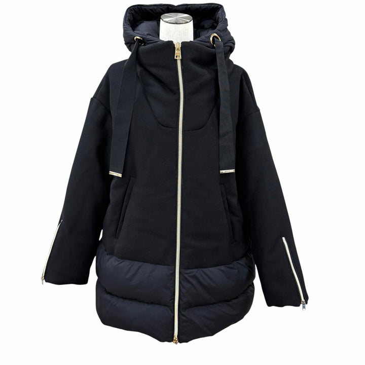 美品★Herno ヘルノ 2022年製 PI001539D フード付 ウール切替 ZIP UP ダウンコート ブラック 42 イタリア製 正規品 レディース