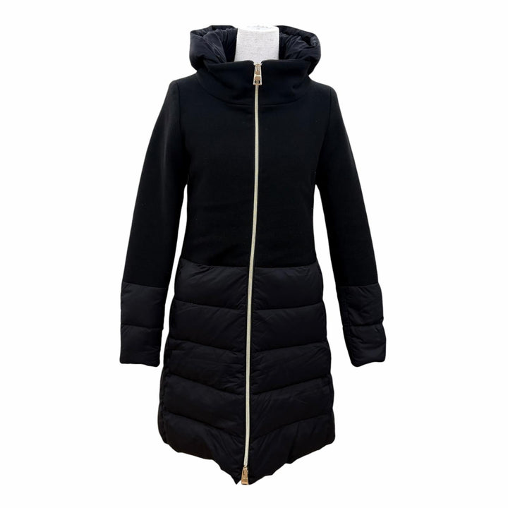 美品☆Herno ヘルノ 2021年製 PI0848D DIAGONAL WOOL AND NUAGE PARKA ウール切替 ダウンコート ブラック 38 イタリア製 正規品