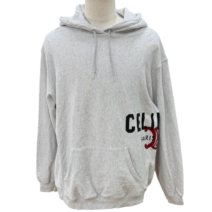 美品▼CELINE セリーヌ RY0S2670Q ロゴプリント コットンフリース プルオーバー パーカー ライトグレー L イタリア製 正規品 メンズ