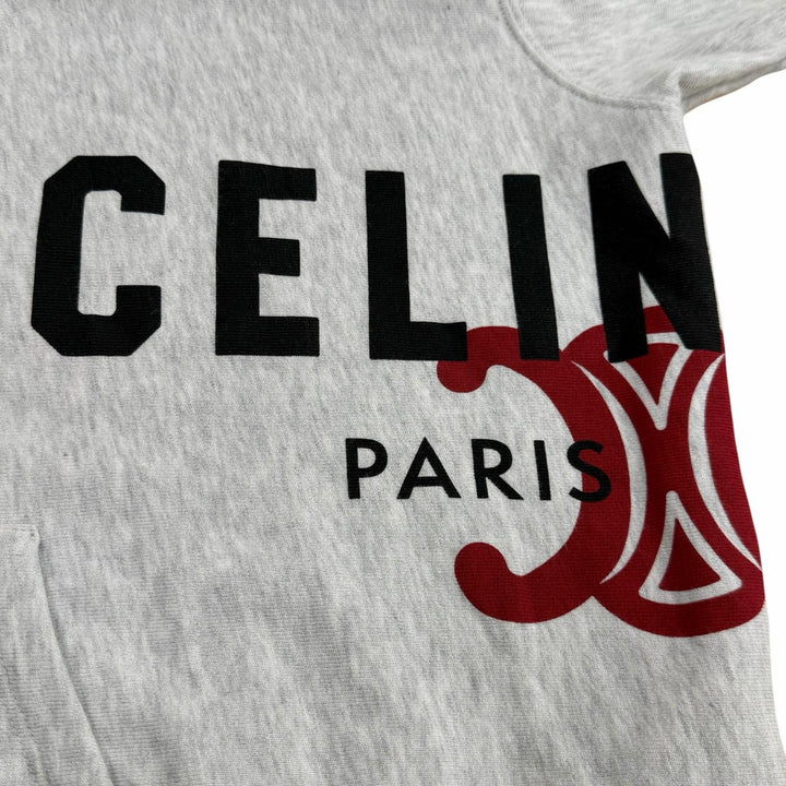 美品▼CELINE セリーヌ RY0S2670Q ロゴプリント コットンフリース プルオーバー パーカー ライトグレー L イタリア製 正規品 メンズ