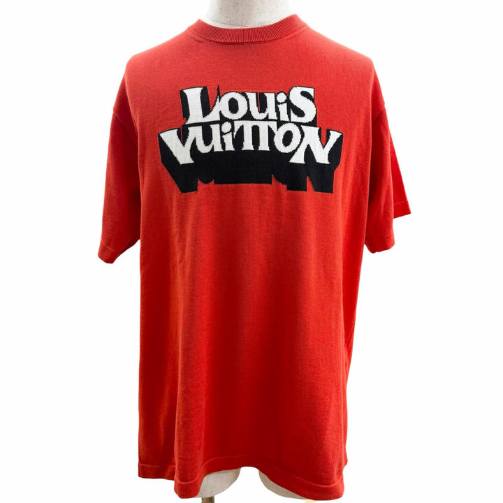 極美品□LOUIS VUITTON ルイヴィトン 23SS ロゴデザイン クルーネック ショートスリーブ 半袖ニット レッド L イタリア製 正規品 メンズ