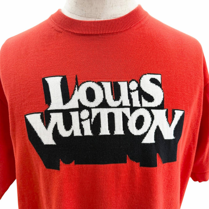 極美品□LOUIS VUITTON ルイヴィトン 23SS ロゴデザイン クルーネック ショートスリーブ 半袖ニット レッド L イタリア製 正規品 メンズ
