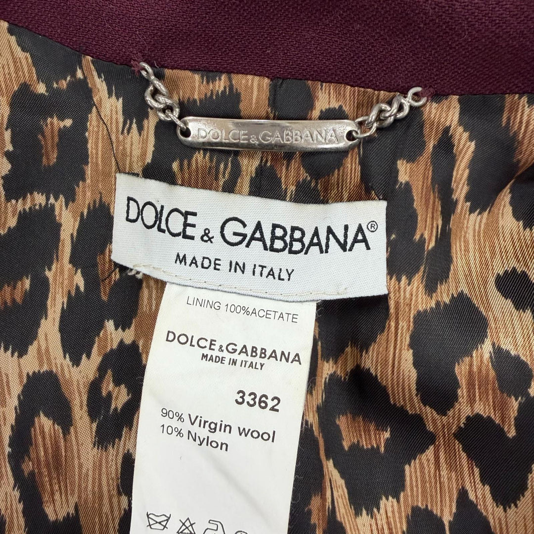 美品☆DOLCE&amp;GABBANA ドルチェ＆ガッバーナ バージンウール 裏地レオパード ロゴボタン ショート コート ワインレッド 38 イタリア製